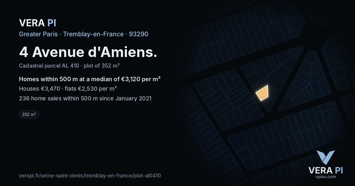 4 Avenue d'Amiens, Tremblay-en-France at night – the plot lit, the parcels around coloured by the prices near them