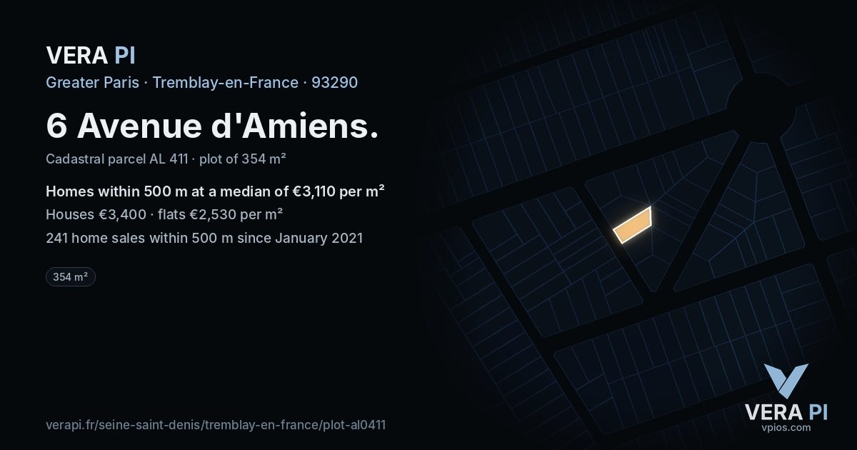 6 Avenue d'Amiens, Tremblay-en-France at night – the plot lit, the parcels around coloured by the prices near them