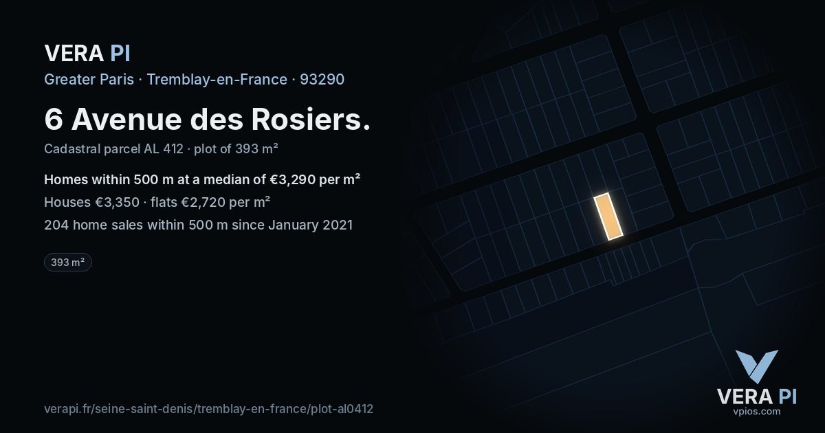 6 Avenue des Rosiers, Tremblay-en-France at night – the plot lit, the parcels around coloured by the prices near them