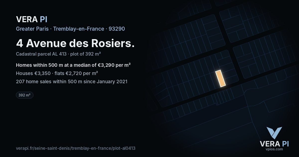 4 Avenue des Rosiers, Tremblay-en-France at night – the plot lit, the parcels around coloured by the prices near them