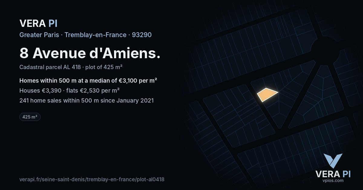 8 Avenue d'Amiens, Tremblay-en-France at night – the plot lit, the parcels around coloured by the prices near them