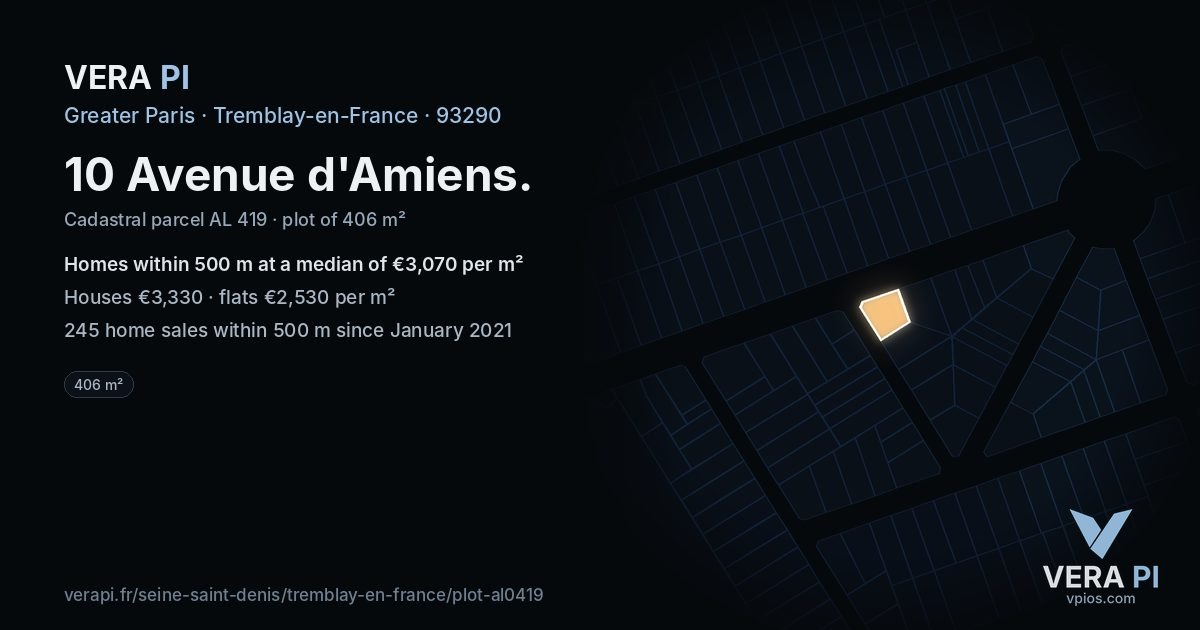 10 Avenue d'Amiens, Tremblay-en-France at night – the plot lit, the parcels around coloured by the prices near them