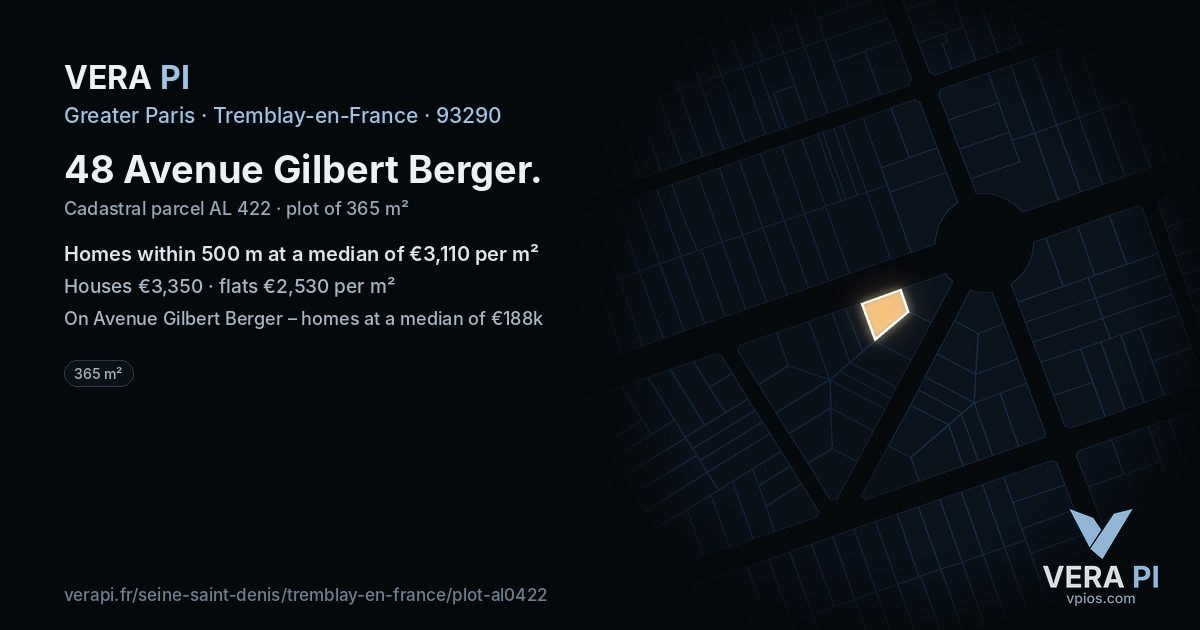 48 Avenue Gilbert Berger, Tremblay-en-France at night – the plot lit, the parcels around coloured by the prices near them