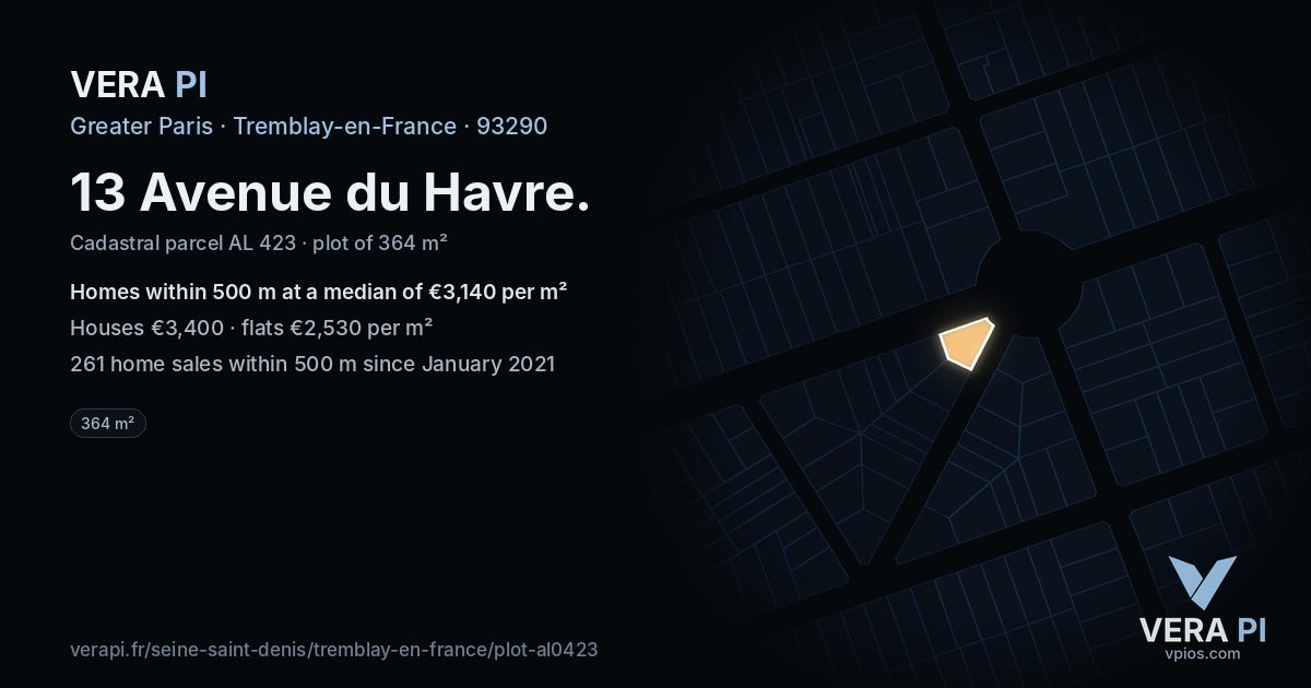 13 Avenue du Havre, Tremblay-en-France at night – the plot lit, the parcels around coloured by the prices near them