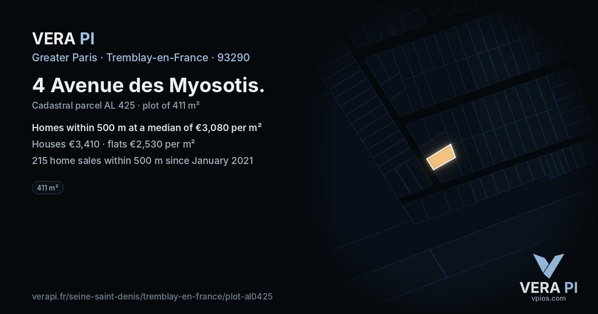 4 Avenue des Myosotis, Tremblay-en-France at night – the plot lit, the parcels around coloured by the prices near them
