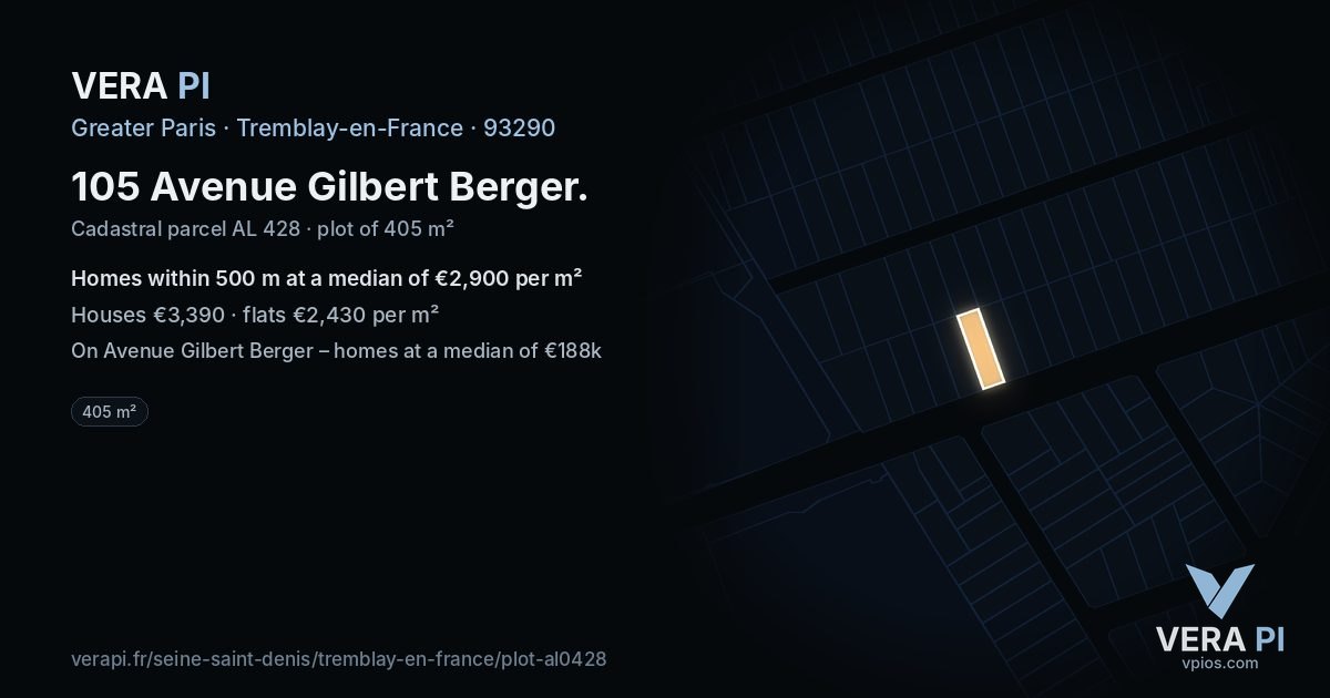 105 Avenue Gilbert Berger, Tremblay-en-France at night – the plot lit, the parcels around coloured by the prices near them