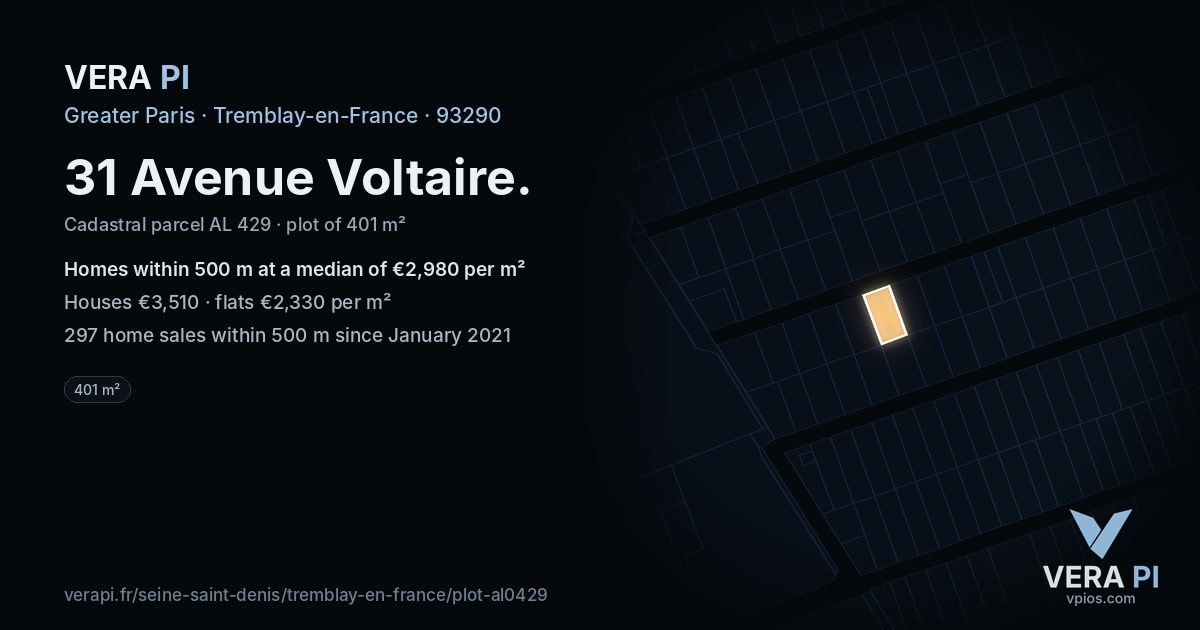 31 Avenue Voltaire, Tremblay-en-France at night – the plot lit, the parcels around coloured by the prices near them