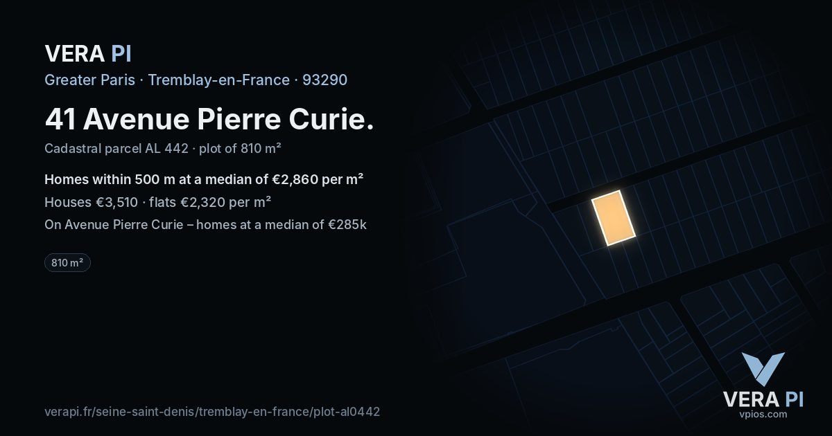 41 Avenue Pierre Curie, Tremblay-en-France at night – the plot lit, the parcels around coloured by the prices near them