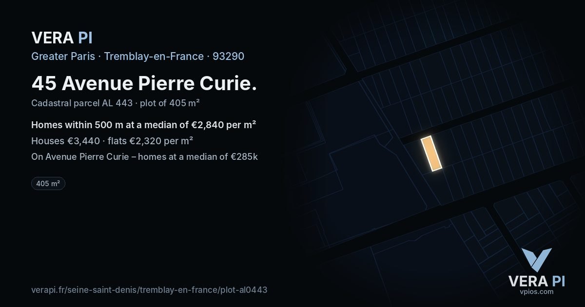45 Avenue Pierre Curie, Tremblay-en-France at night – the plot lit, the parcels around coloured by the prices near them
