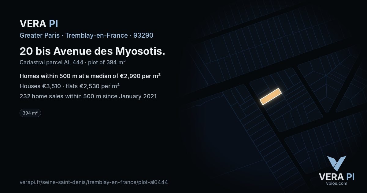 20 bis Avenue des Myosotis, Tremblay-en-France at night – the plot lit, the parcels around coloured by the prices near them