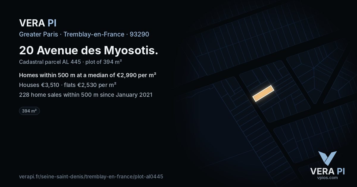 20 Avenue des Myosotis, Tremblay-en-France at night – the plot lit, the parcels around coloured by the prices near them