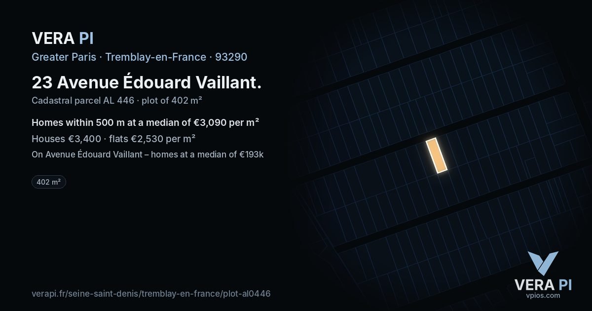23 Avenue Édouard Vaillant, Tremblay-en-France at night – the plot lit, the parcels around coloured by the prices near them