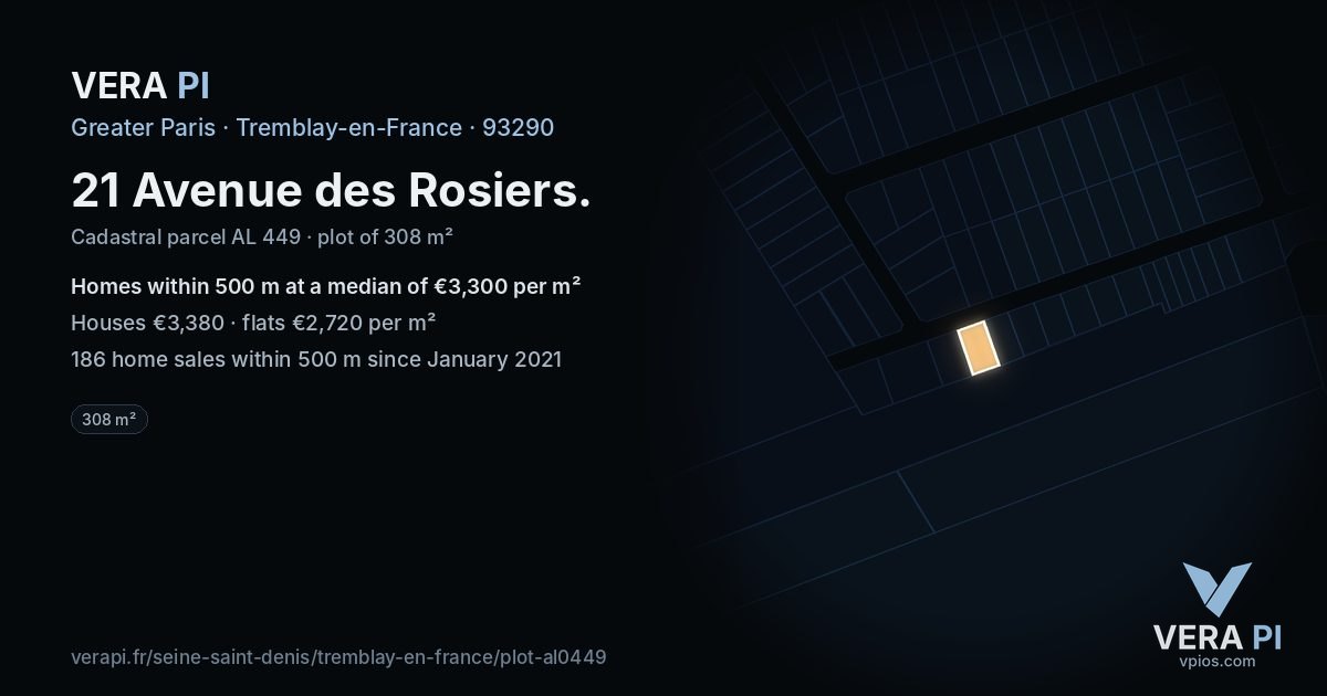 21 Avenue des Rosiers, Tremblay-en-France at night – the plot lit, the parcels around coloured by the prices near them