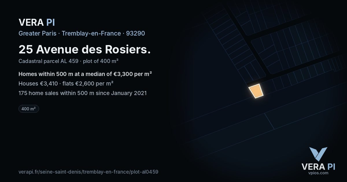 25 Avenue des Rosiers, Tremblay-en-France at night – the plot lit, the parcels around coloured by the prices near them