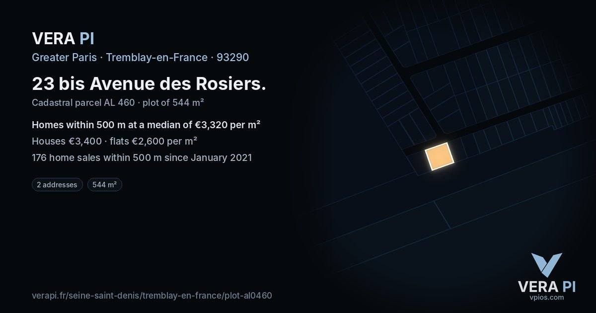 23 bis Avenue des Rosiers, Tremblay-en-France at night – the plot lit, the parcels around coloured by the prices near them