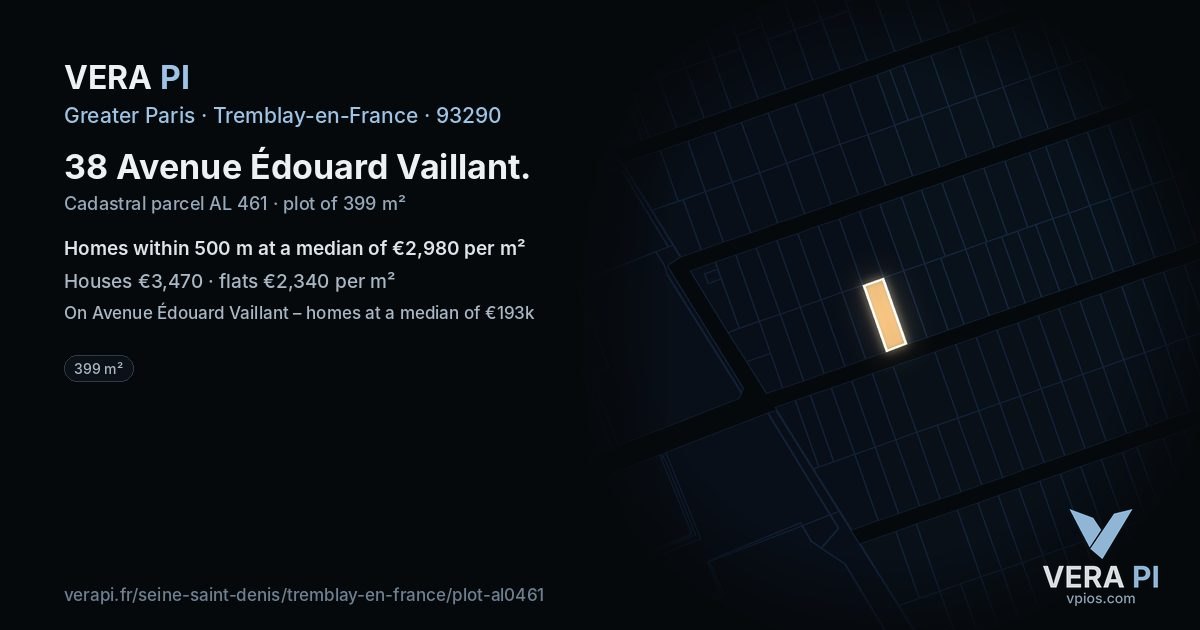38 Avenue Édouard Vaillant, Tremblay-en-France at night – the plot lit, the parcels around coloured by the prices near them