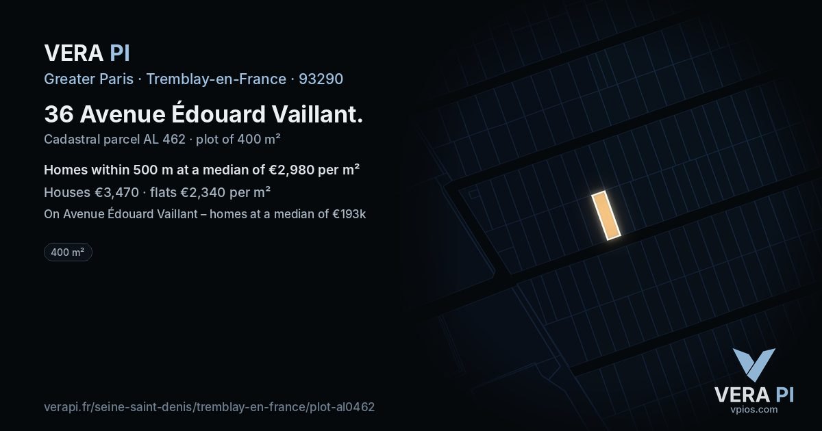 36 Avenue Édouard Vaillant, Tremblay-en-France at night – the plot lit, the parcels around coloured by the prices near them