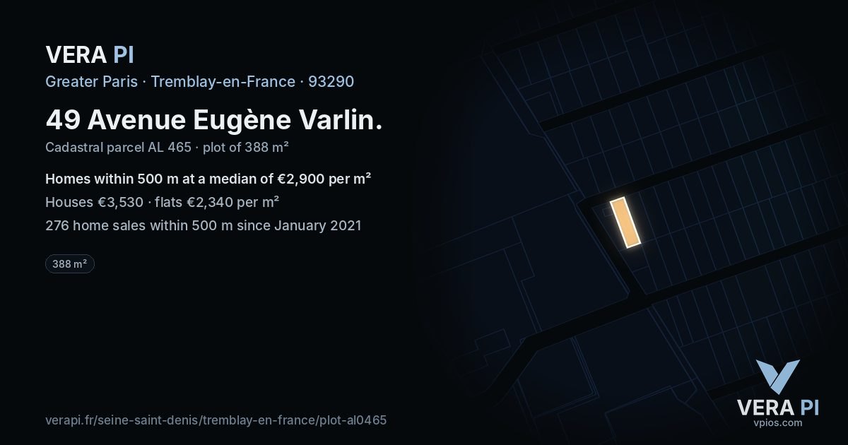 49 Avenue Eugène Varlin, Tremblay-en-France at night – the plot lit, the parcels around coloured by the prices near them