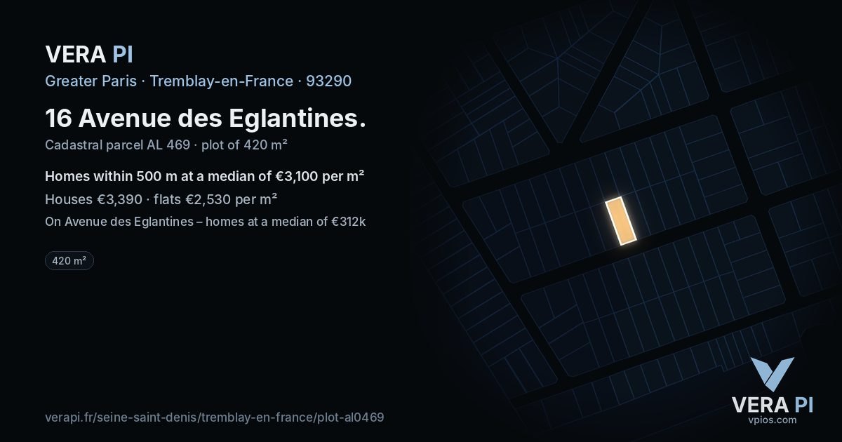 16 Avenue des Eglantines, Tremblay-en-France at night – the plot lit, the parcels around coloured by the prices near them