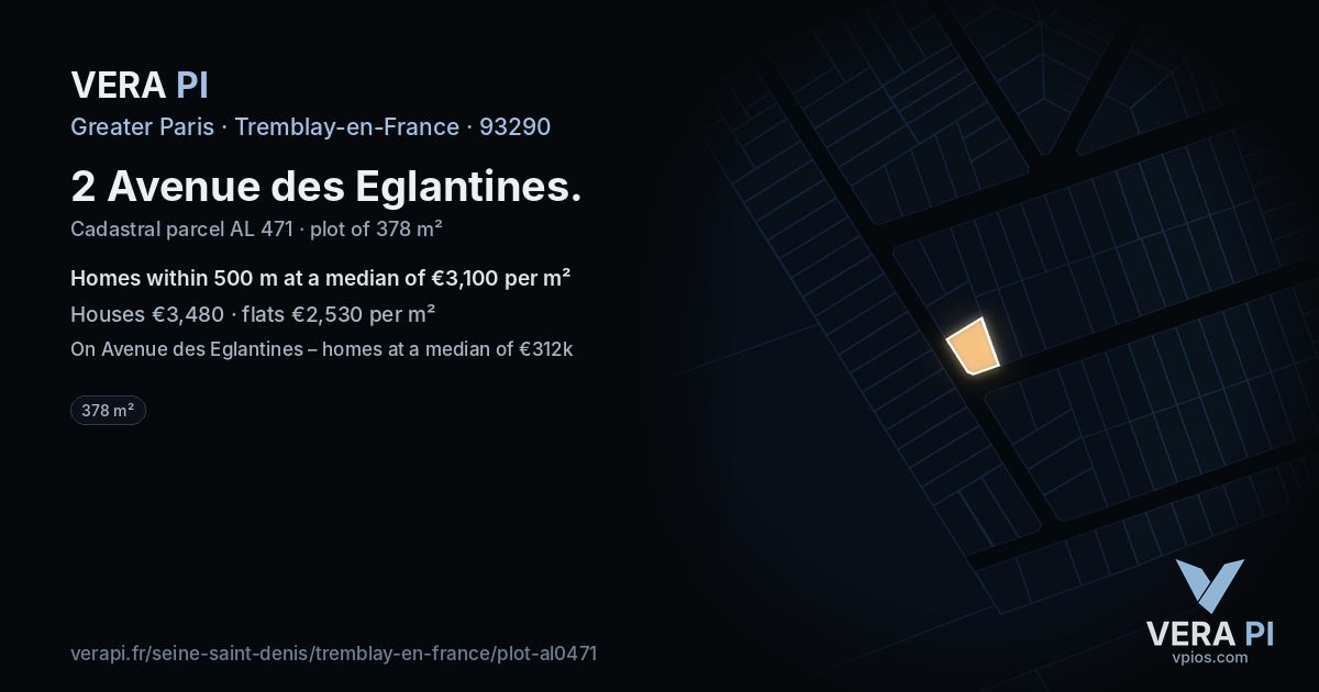 2 Avenue des Eglantines, Tremblay-en-France at night – the plot lit, the parcels around coloured by the prices near them