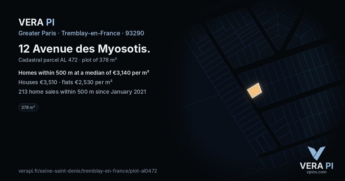 12 Avenue des Myosotis, Tremblay-en-France at night – the plot lit, the parcels around coloured by the prices near them