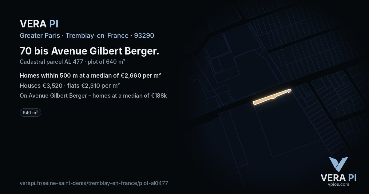 70 bis Avenue Gilbert Berger, Tremblay-en-France at night – the plot lit, the parcels around coloured by the prices near them