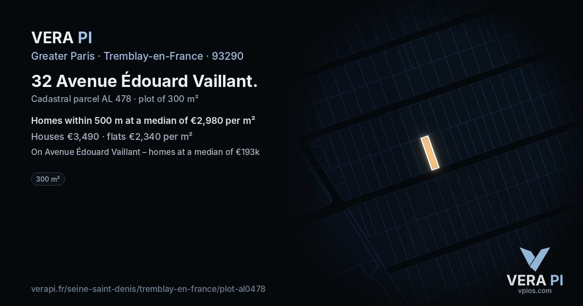 32 Avenue Édouard Vaillant, Tremblay-en-France at night – the plot lit, the parcels around coloured by the prices near them