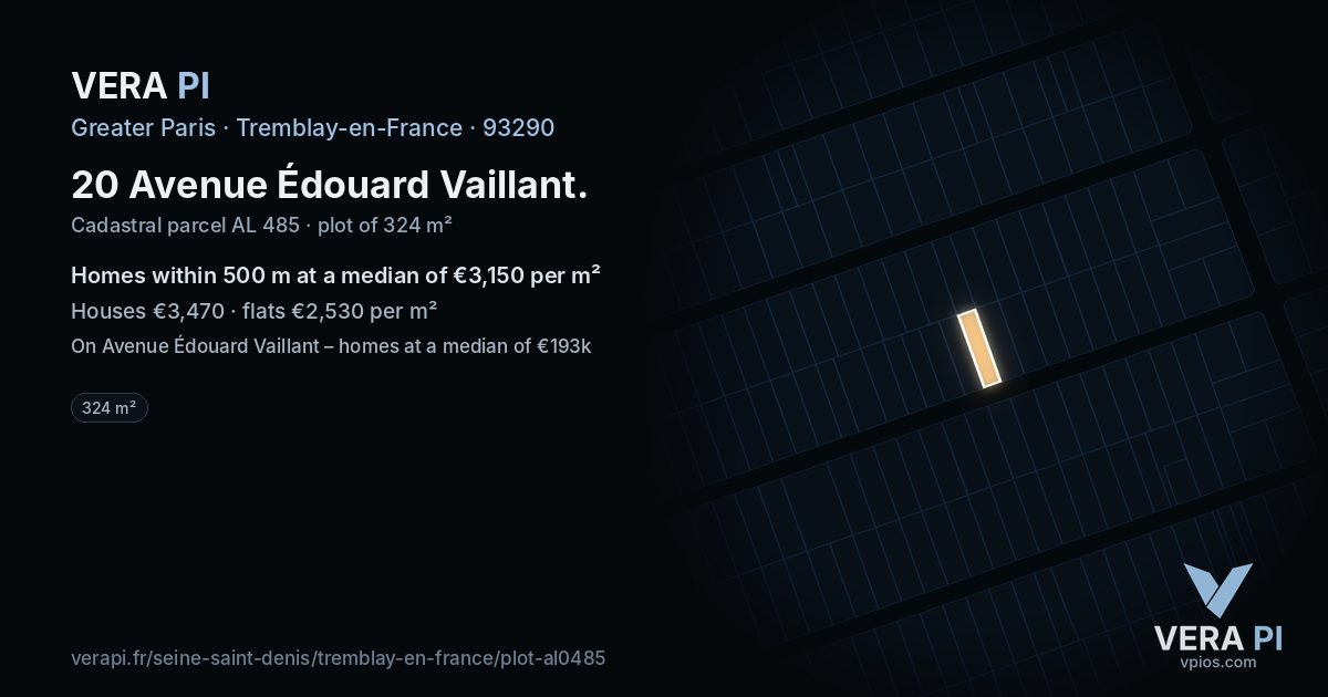 20 Avenue Édouard Vaillant, Tremblay-en-France at night – the plot lit, the parcels around coloured by the prices near them