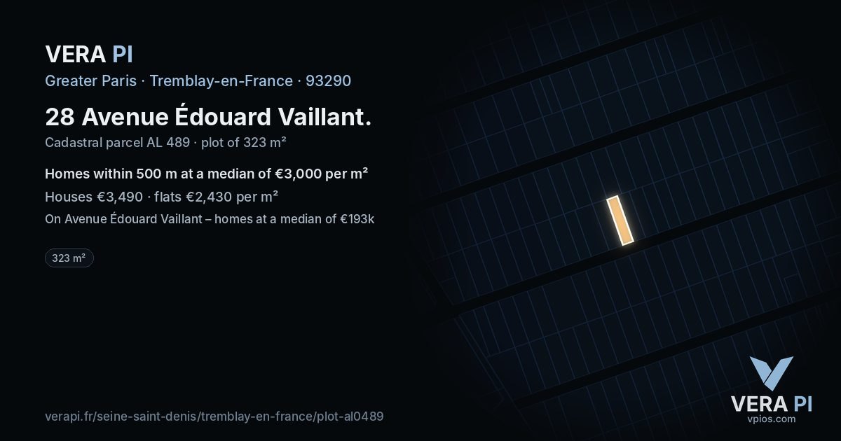 28 Avenue Édouard Vaillant, Tremblay-en-France at night – the plot lit, the parcels around coloured by the prices near them