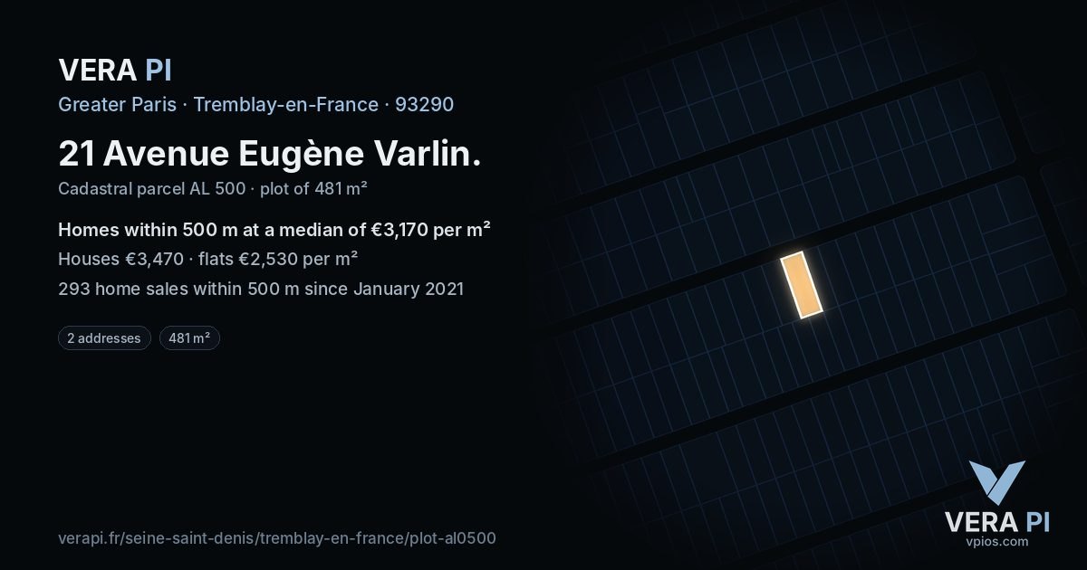21 Avenue Eugène Varlin, Tremblay-en-France at night – the plot lit, the parcels around coloured by the prices near them