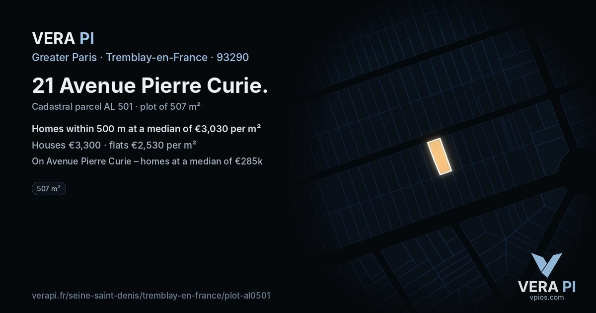 21 Avenue Pierre Curie, Tremblay-en-France at night – the plot lit, the parcels around coloured by the prices near them