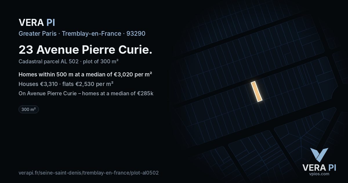23 Avenue Pierre Curie, Tremblay-en-France at night – the plot lit, the parcels around coloured by the prices near them