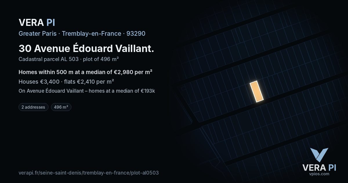 30 Avenue Édouard Vaillant, Tremblay-en-France at night – the plot lit, the parcels around coloured by the prices near them