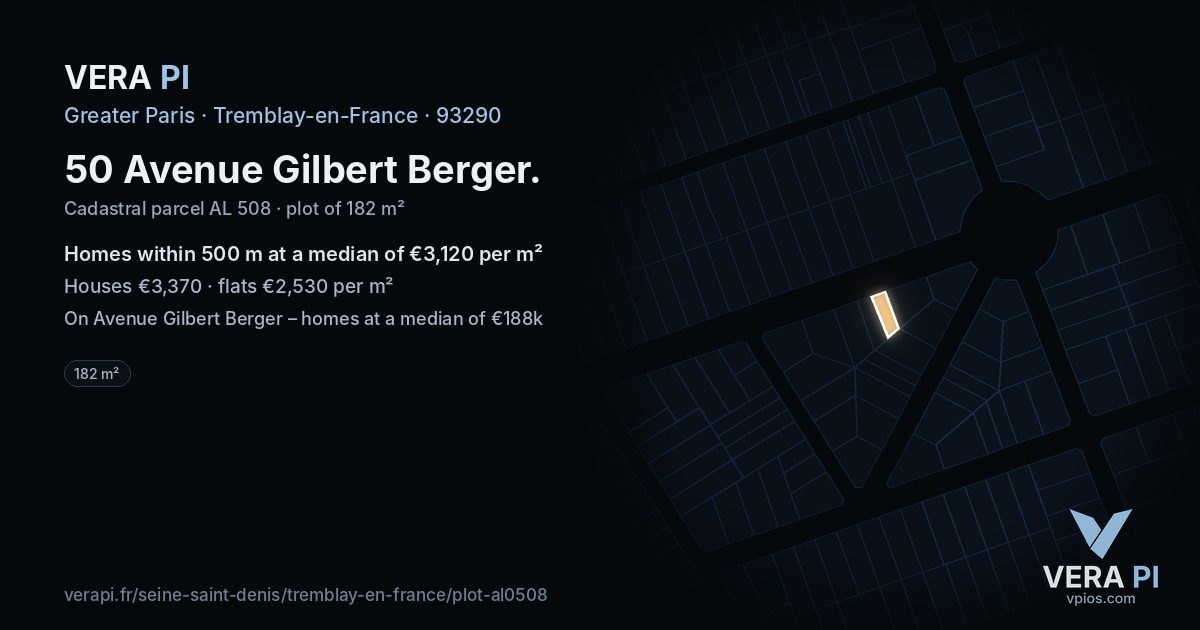 50 Avenue Gilbert Berger, Tremblay-en-France at night – the plot lit, the parcels around coloured by the prices near them