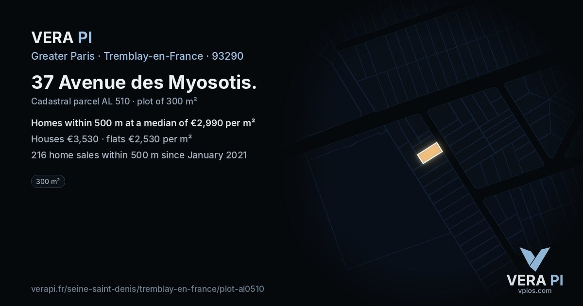 37 Avenue des Myosotis, Tremblay-en-France at night – the plot lit, the parcels around coloured by the prices near them