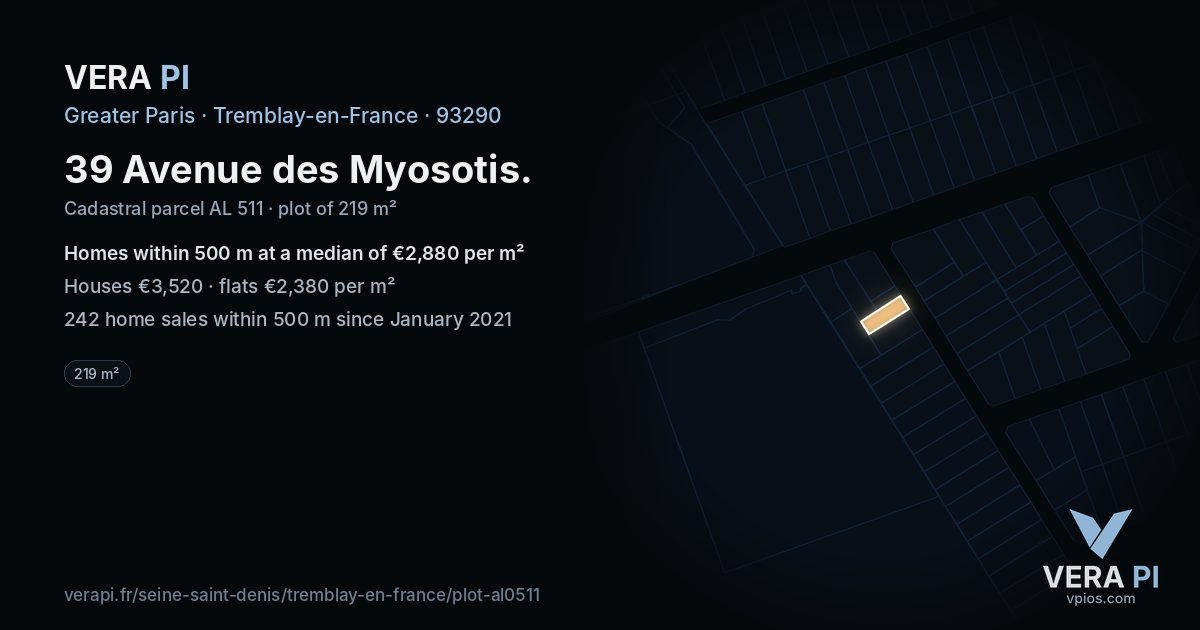 39 Avenue des Myosotis, Tremblay-en-France at night – the plot lit, the parcels around coloured by the prices near them