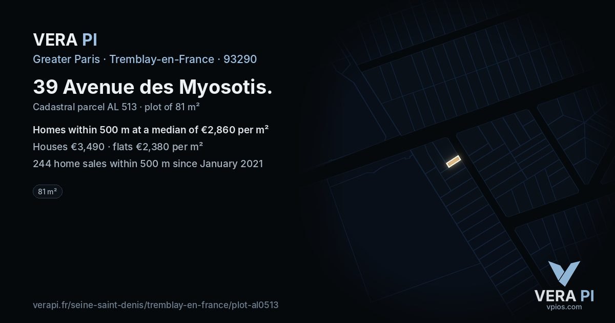 39 Avenue des Myosotis, Tremblay-en-France at night – the plot lit, the parcels around coloured by the prices near them