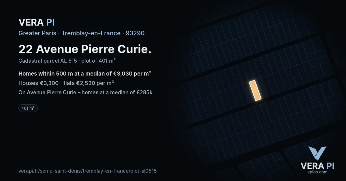 22 Avenue Pierre Curie, Tremblay-en-France at night – the plot lit, the parcels around coloured by the prices near them