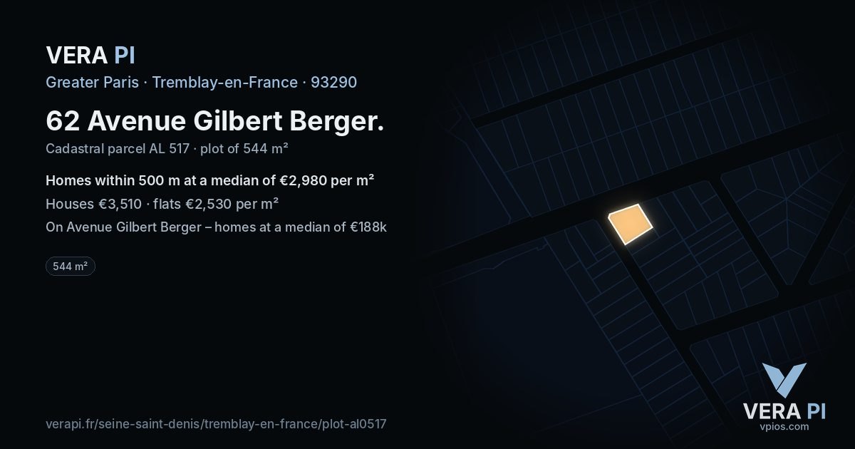 62 Avenue Gilbert Berger, Tremblay-en-France at night – the plot lit, the parcels around coloured by the prices near them