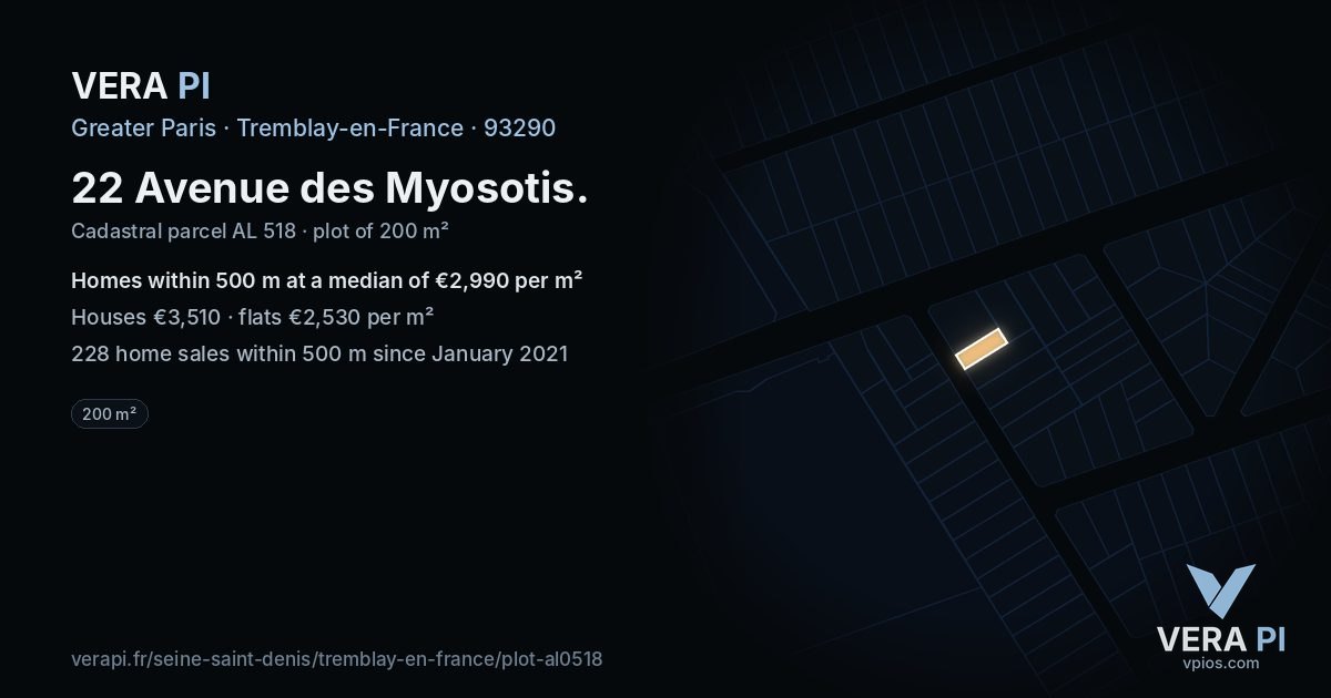 22 Avenue des Myosotis, Tremblay-en-France at night – the plot lit, the parcels around coloured by the prices near them