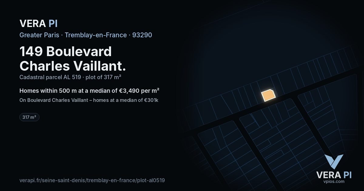 149 Boulevard Charles Vaillant, Tremblay-en-France at night – the plot lit, the parcels around coloured by the prices near them
