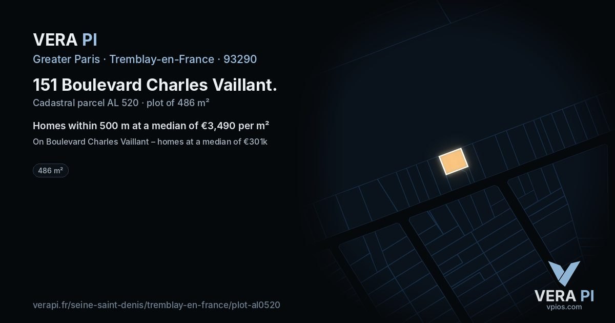 151 Boulevard Charles Vaillant, Tremblay-en-France at night – the plot lit, the parcels around coloured by the prices near them