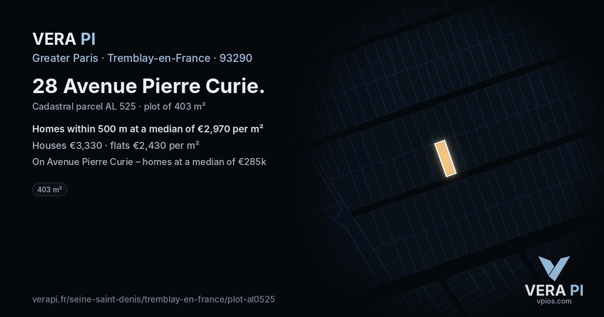 28 Avenue Pierre Curie, Tremblay-en-France at night – the plot lit, the parcels around coloured by the prices near them