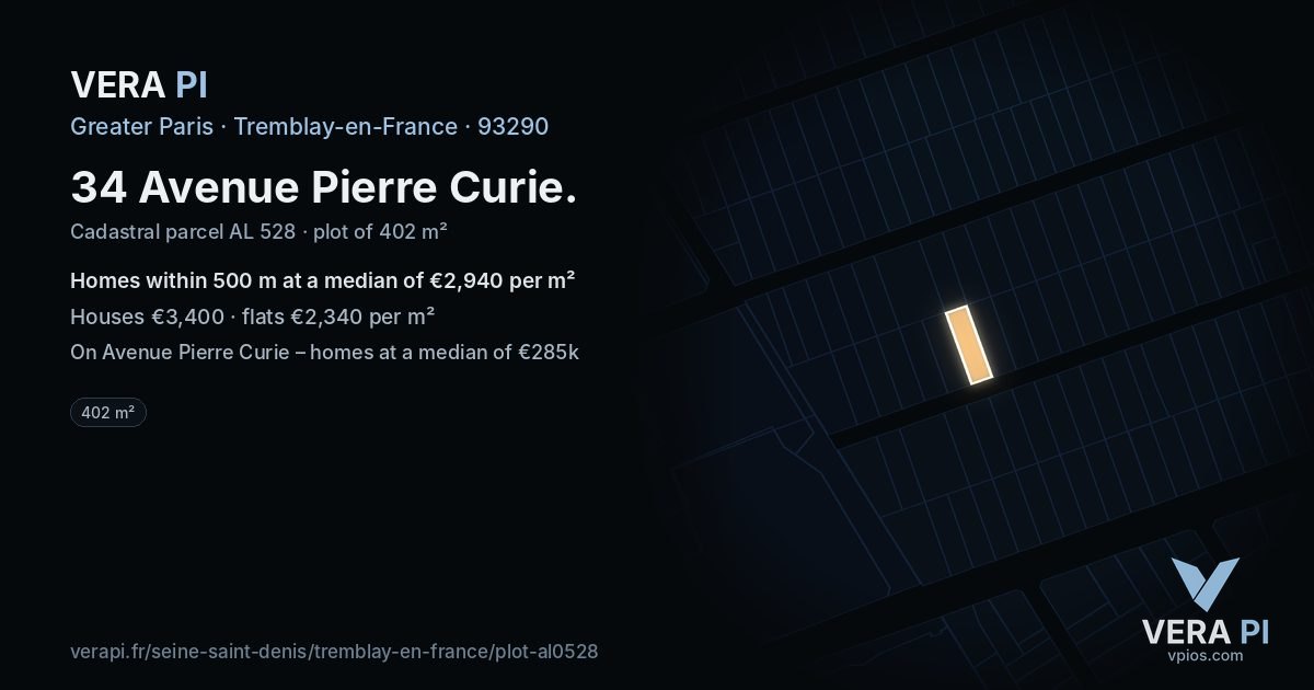 34 Avenue Pierre Curie, Tremblay-en-France at night – the plot lit, the parcels around coloured by the prices near them