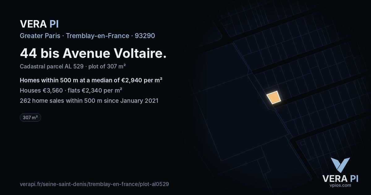 44 bis Avenue Voltaire, Tremblay-en-France at night – the plot lit, the parcels around coloured by the prices near them