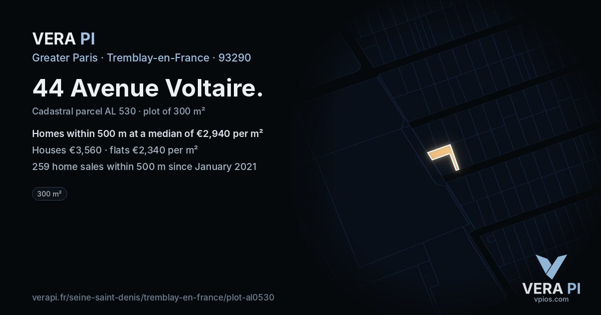 44 Avenue Voltaire, Tremblay-en-France at night – the plot lit, the parcels around coloured by the prices near them