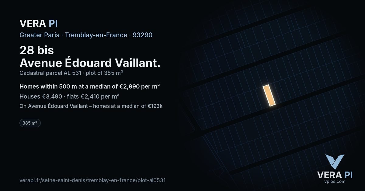 28 bis Avenue Édouard Vaillant, Tremblay-en-France at night – the plot lit, the parcels around coloured by the prices near them