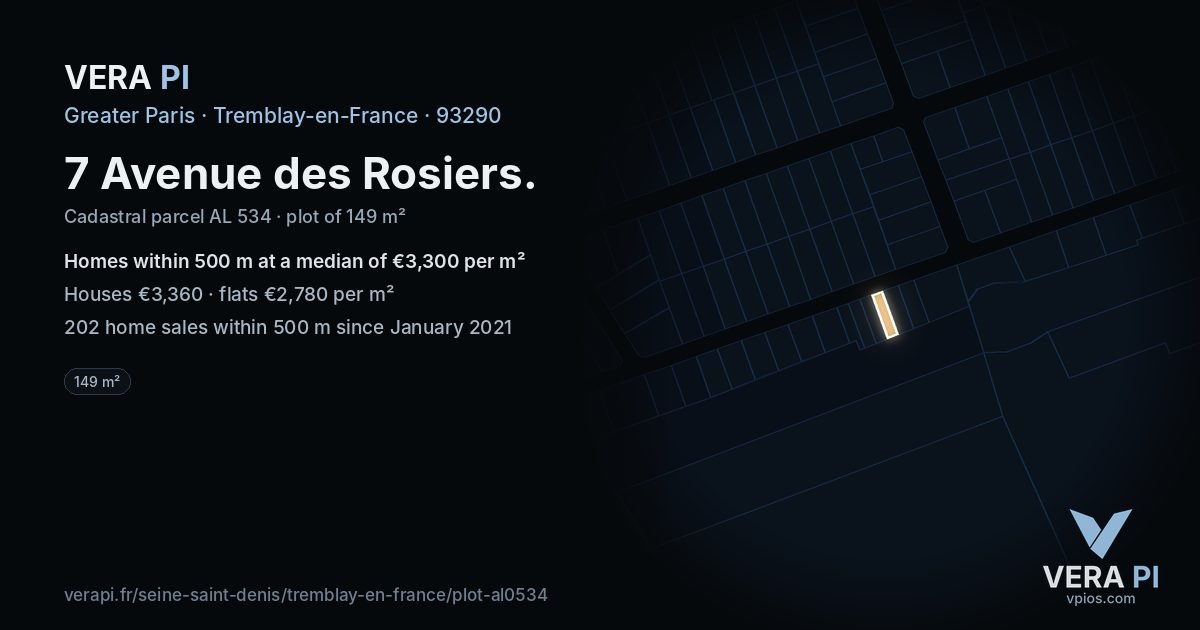 7 Avenue des Rosiers, Tremblay-en-France at night – the plot lit, the parcels around coloured by the prices near them