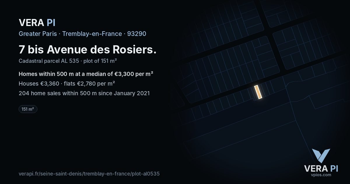 7 bis Avenue des Rosiers, Tremblay-en-France at night – the plot lit, the parcels around coloured by the prices near them