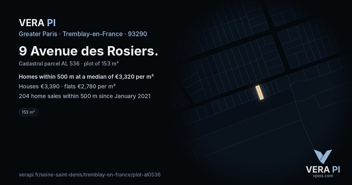 9 Avenue des Rosiers, Tremblay-en-France at night – the plot lit, the parcels around coloured by the prices near them